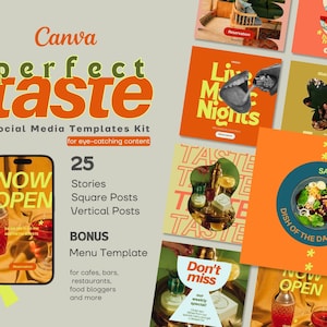 Tasty Food Social Media Instagram Story Canva Template Kit para la promoción de restaurantes, cafeterías, bares, clubes y bloggers. 25 historias, 25 publicaciones, menú