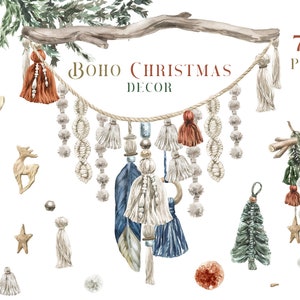 Ensemble de cliparts aquarelle de Noël. Couronne d'hiver bohème macramé décoration murale clip art ensemble PNG