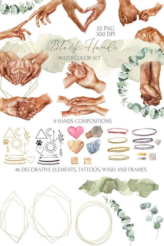 Watercolor People's Hands Clipart Afro American Friendship Black Man Woman PNG Couples Clipart. Family Love, Care PNG Set Black lives matter