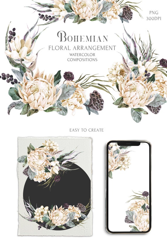 Tropical Boho White Protea Floral Frame clipart Set. Watercolor Bohemian Wedding Corner Border. Winter flower Dahlia dried Lotus bouquet PNG