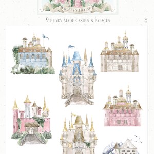May include: Nine watercolor illustrations of castles and palaces in various colors, including pink, blue, and brown. The illustrations are in a whimsical style and feature details like towers, flags, and windows. The text "9 READY MADE CASTLES & PALACES" is at the top of the image.