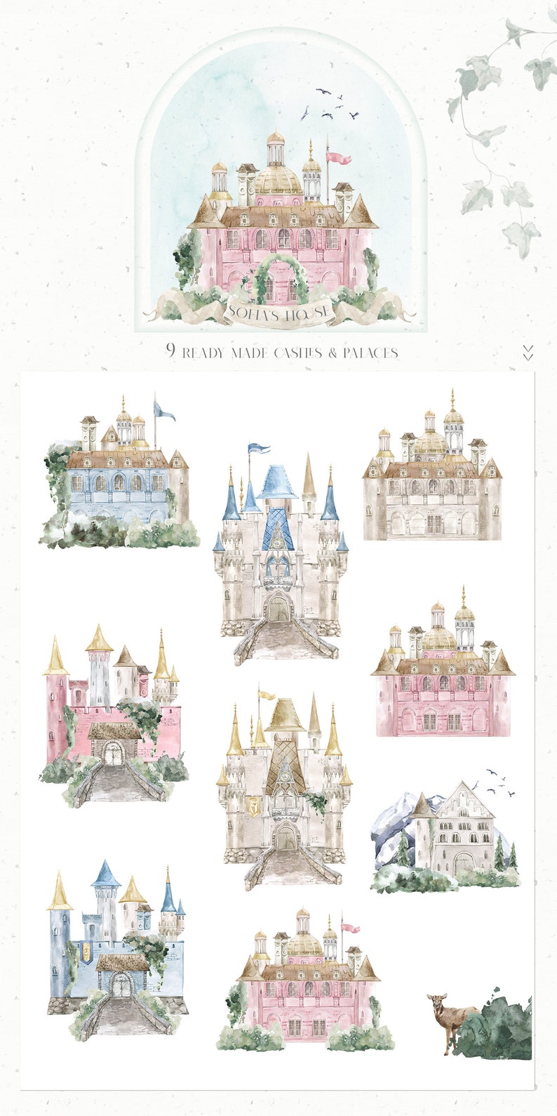 May include: Nine watercolor illustrations of castles and palaces in various colors, including pink, blue, and brown. The illustrations are in a whimsical style and feature details like towers, flags, and windows. The text "9 READY MADE CASTLES & PALACES" is at the top of the image.