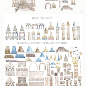 May include: A set of watercolor illustrations of castle elements, including towers, walls, windows, and roofs. The illustrations are in various shades of blue, brown, and pink. The text "110 ELEMENTS TO CREATE UNIQUE CASTLES AND PALACES" is at the top of the image. The text "20 READY MADE ELEMENTS" is in the middle of the image. The text "90+ INDIVIDUAL ELEMENTS OF THE CASTLE IN DIFFERENT COLORS" is at the bottom of the image.