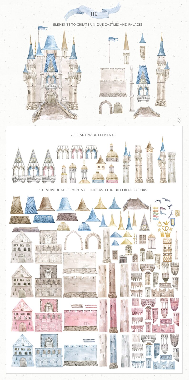 May include: A set of watercolor illustrations of castle elements, including towers, walls, windows, and roofs. The illustrations are in various shades of blue, brown, and pink. The text "110 ELEMENTS TO CREATE UNIQUE CASTLES AND PALACES" is at the top of the image. The text "20 READY MADE ELEMENTS" is in the middle of the image. The text "90+ INDIVIDUAL ELEMENTS OF THE CASTLE IN DIFFERENT COLORS" is at the bottom of the image.