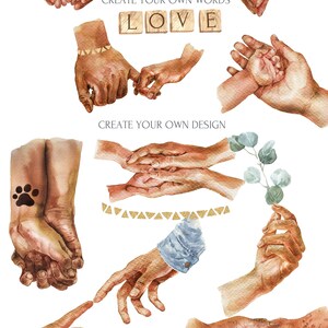 May include: Watercolour illustrations of various hand gestures, including holding hands, a heart shape, and a hand holding a small sprig of eucalyptus. The text "CREATE YOUR OWN WORDS LOVE CREATE YOUR OWN DESIGN" is included in the image.