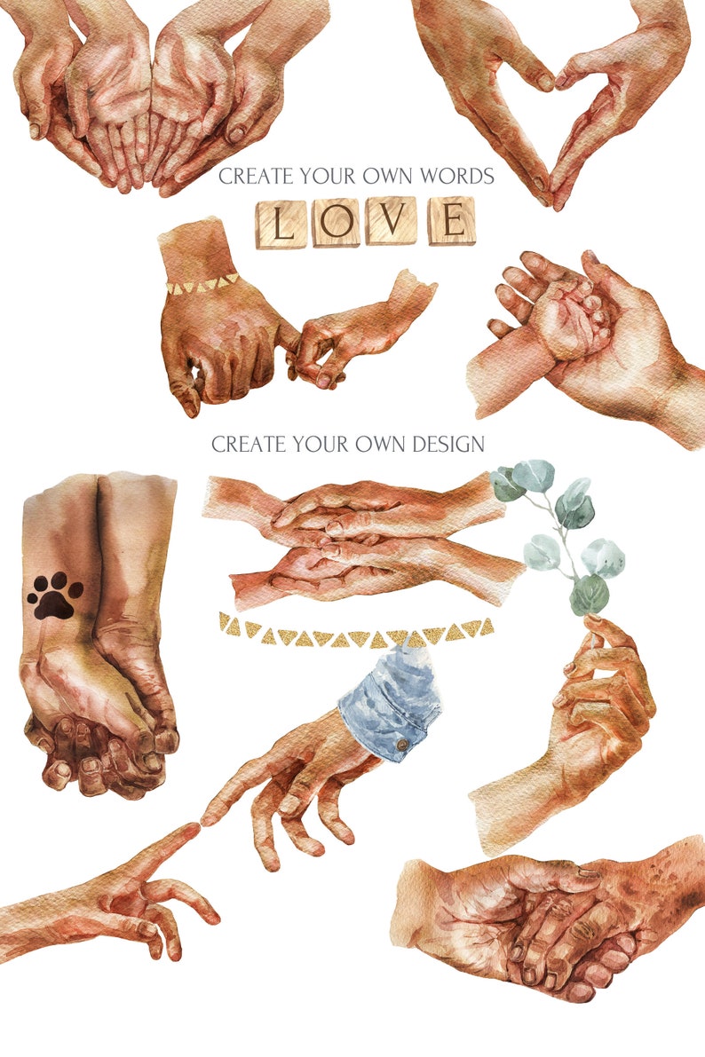 May include: Watercolour illustrations of various hand gestures, including holding hands, a heart shape, and a hand holding a small sprig of eucalyptus. The text "CREATE YOUR OWN WORDS LOVE CREATE YOUR OWN DESIGN" is included in the image.