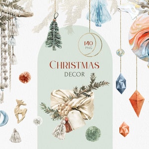 Ensemble de cliparts aquarelle de décoration de Noël. Macramé festif d'hiver PNG pour bohème, blog moderne, cartes, impressions, calendrier, invitations de mariage