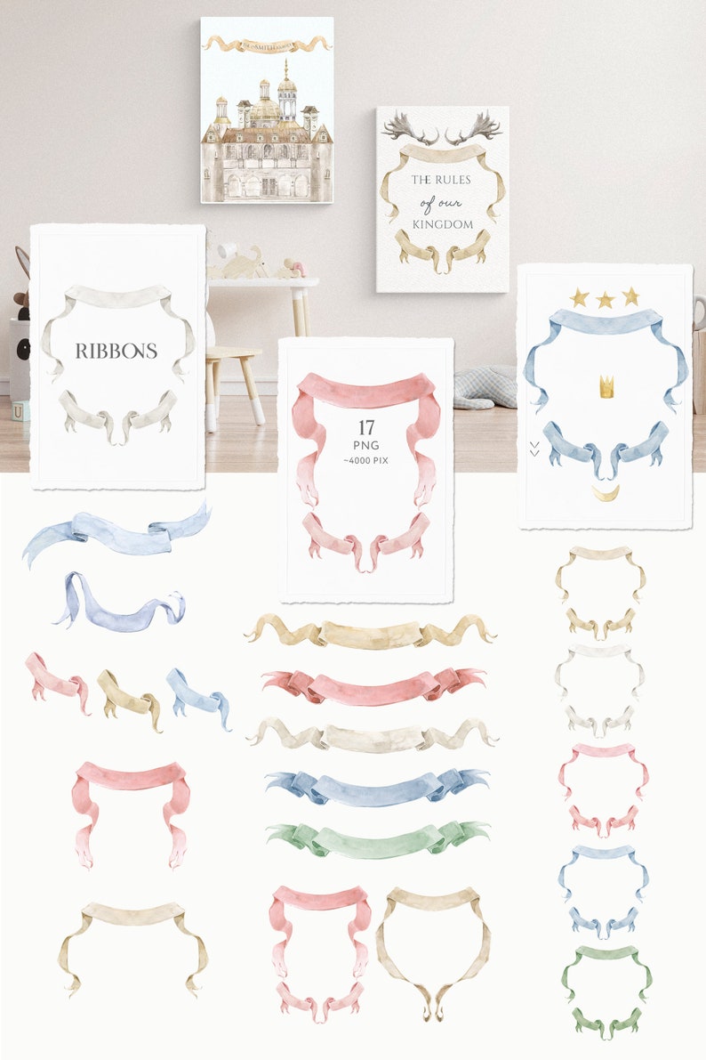 May include: A set of 17 watercolor illustrations of ribbons in various colors and styles. The ribbons are perfect for adding a touch of elegance to any project. The illustrations are high-resolution and come in PNG format.