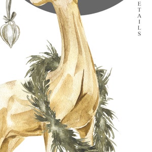 May include: A watercolor illustration of a golden reindeer with a green pine wreath around its neck. The reindeer is standing on a white background and has a silver ornament hanging from its antlers.