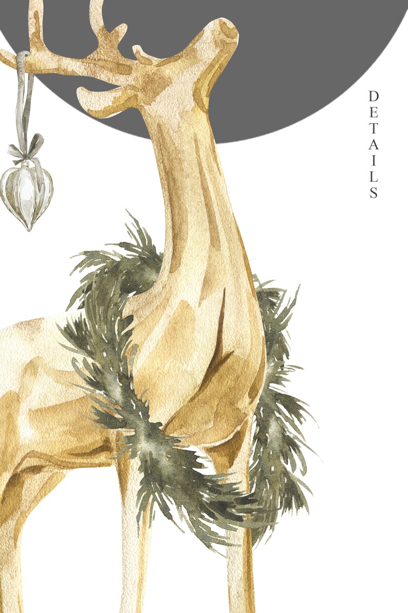 May include: A watercolor illustration of a golden reindeer with a green pine wreath around its neck. The reindeer is standing on a white background and has a silver ornament hanging from its antlers.
