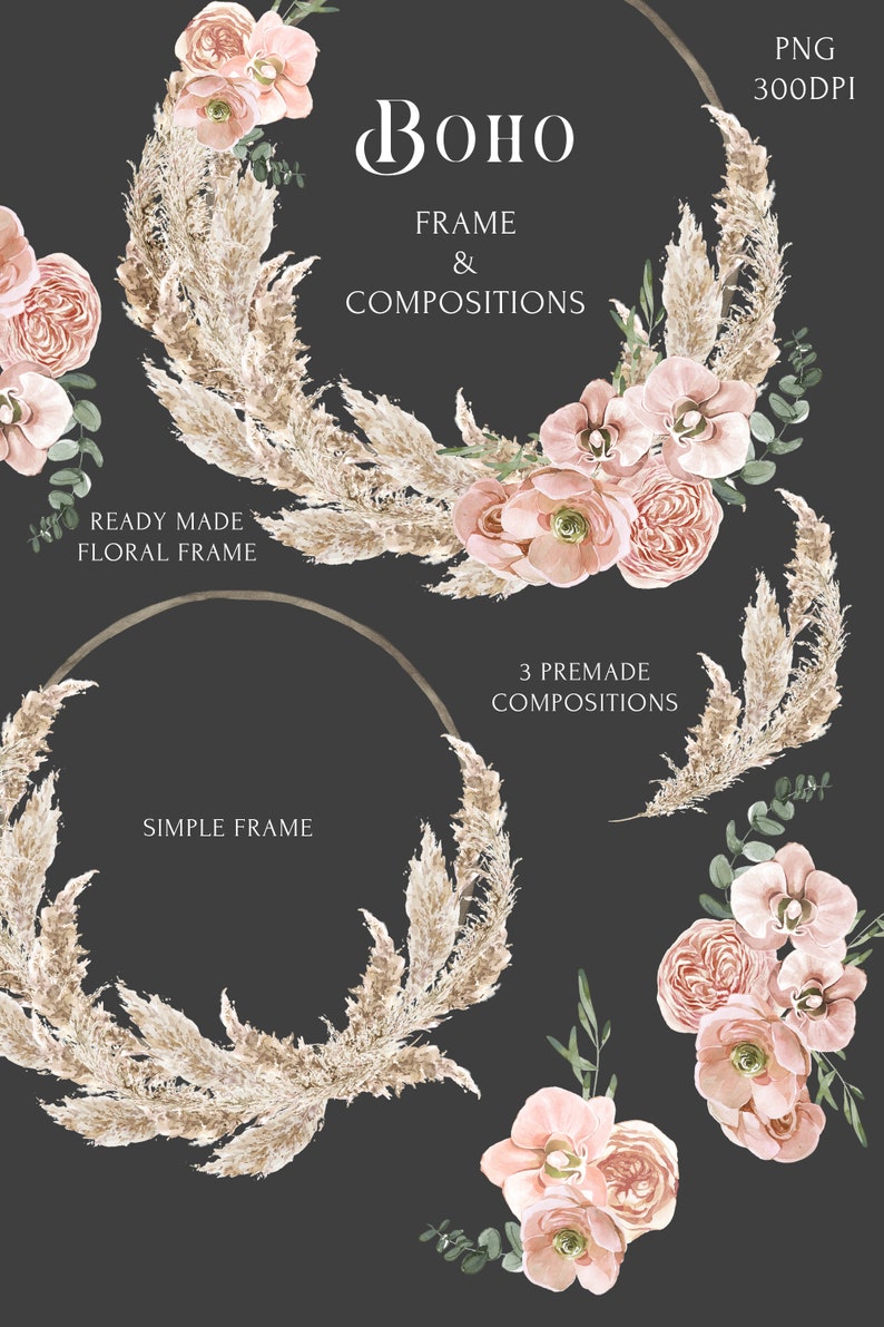 Bohemian Wreath clipart kit Watercolor Boho frame PNG Neutral | Etsy