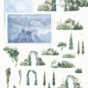 May include: A set of 22 watercolor illustrations featuring landscape elements, including arches, trees, mountains, and floral arrangements. The illustrations are painted in shades of green, blue, and white.
