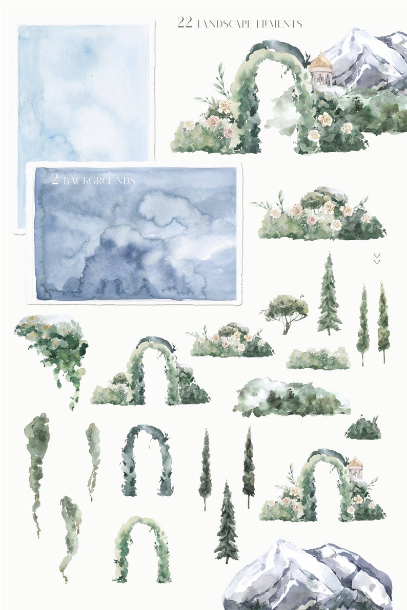 May include: A set of 22 watercolor illustrations featuring landscape elements, including arches, trees, mountains, and floral arrangements. The illustrations are painted in shades of green, blue, and white.