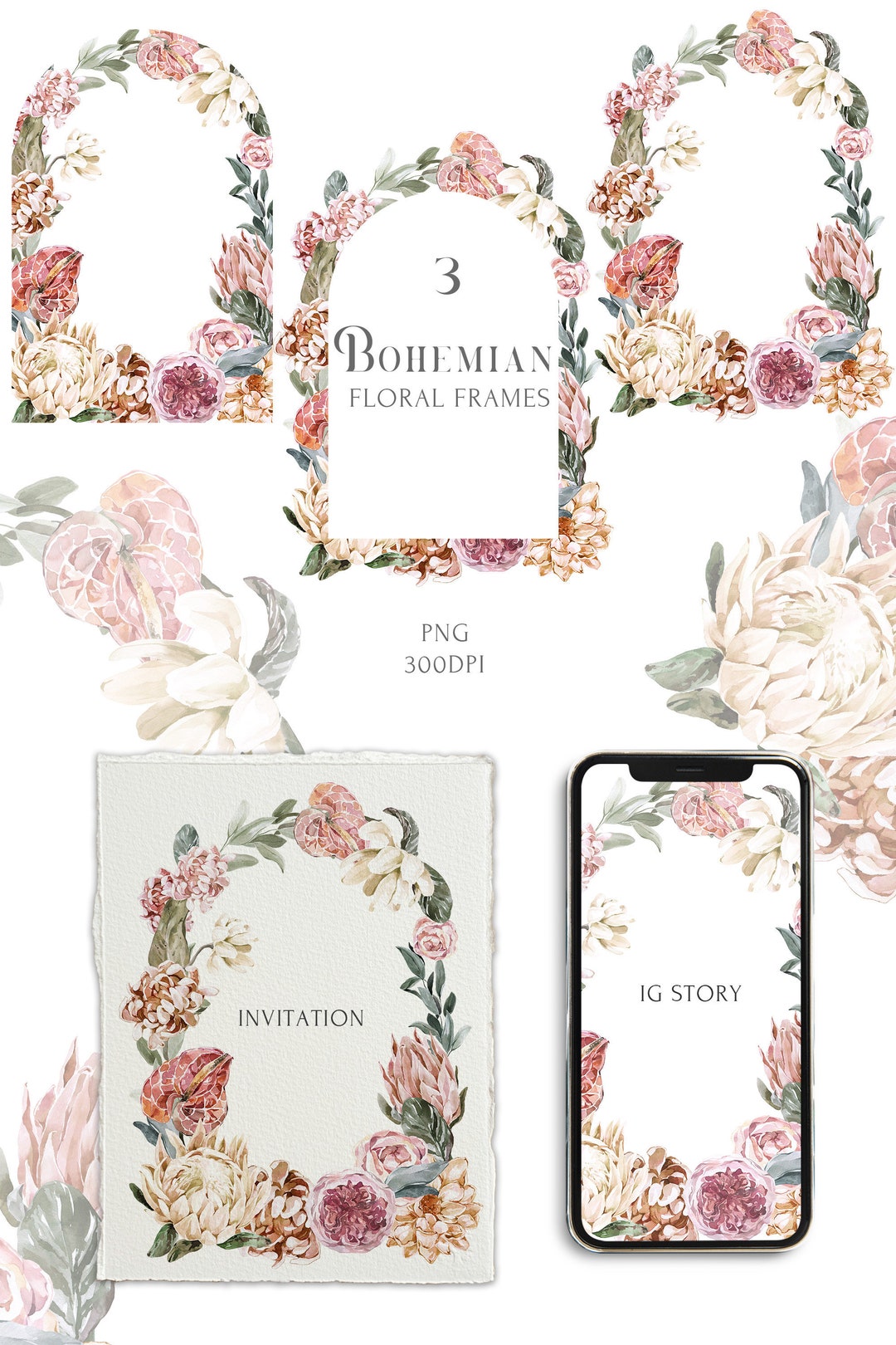 Boho Chic Wedding Wreath Clipart Watercolor Bohemian Floral Frame ...