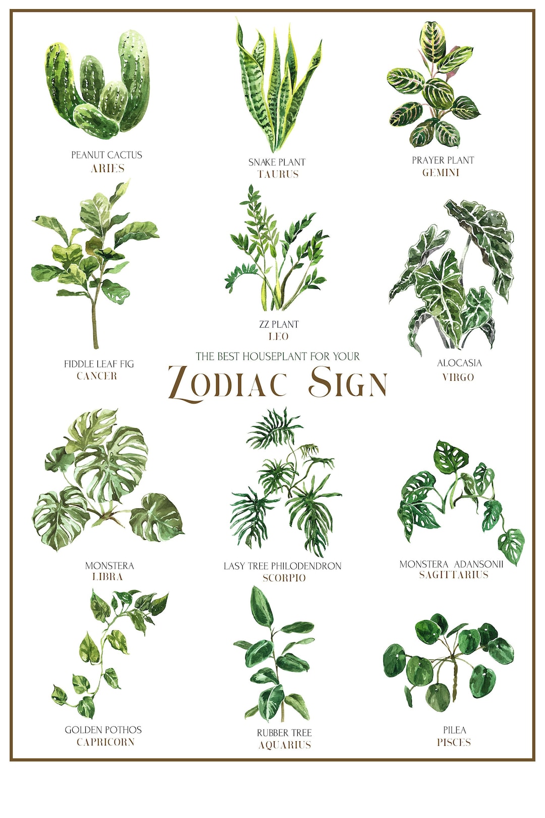 Watercolor House Plants Zodiac Sign Poster Printable Trendy Modern Tropical Wall Art Succulent