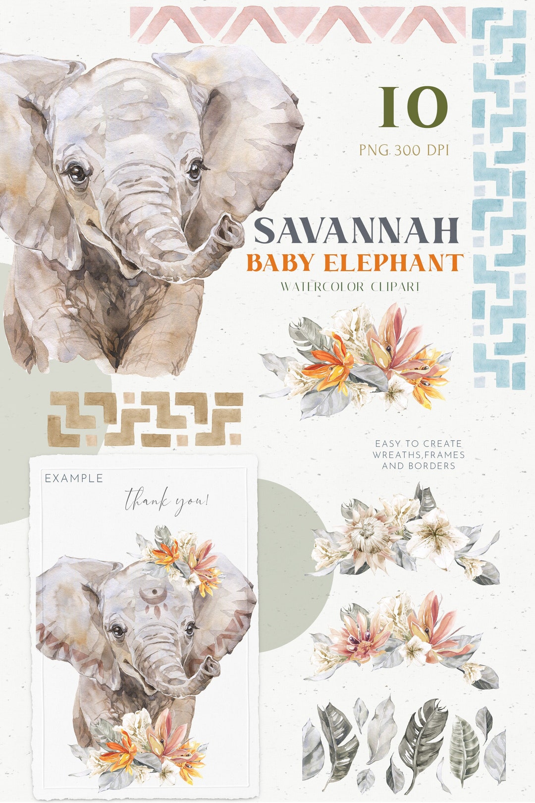 African Safari Baby Elephant Animal, Floral Crown Watercolor Clipart