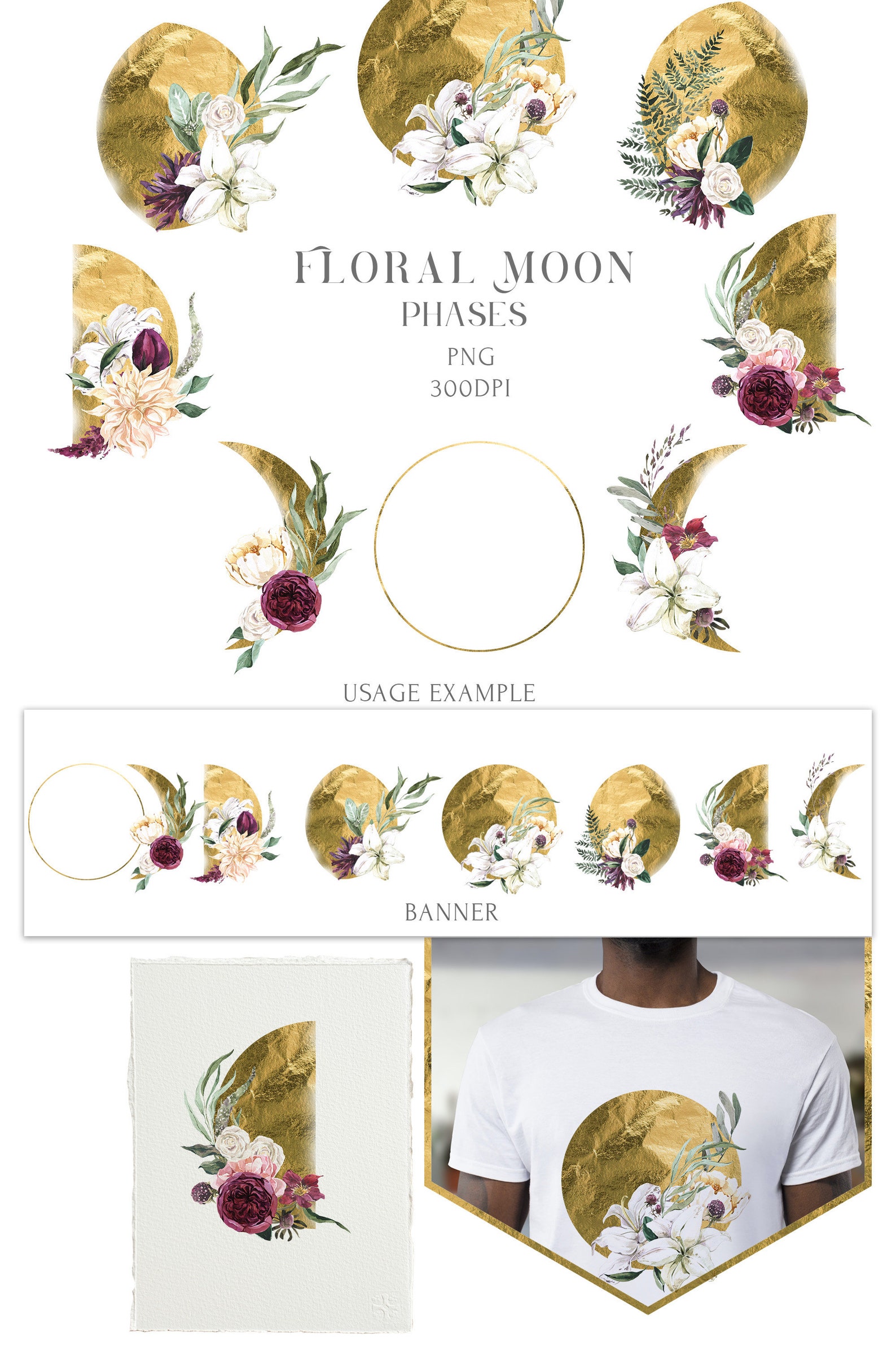 Gold Moon Phases Set - Printable Poster Floral Watercolor Boho ...