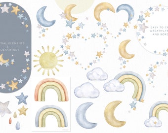 Baby Pastel Stars and Rainbows watercolor clipart set. Boho Neutral Baby Shower Invite clip art - Printable poster Boy Nursery Wall decor