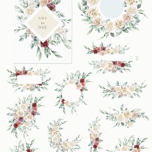 May include: A set of 14 watercolor floral bouquets, wreaths, and frames featuring white, blush, and burgundy roses with eucalyptus leaves. The text "Save the Date" is included in one of the frames.