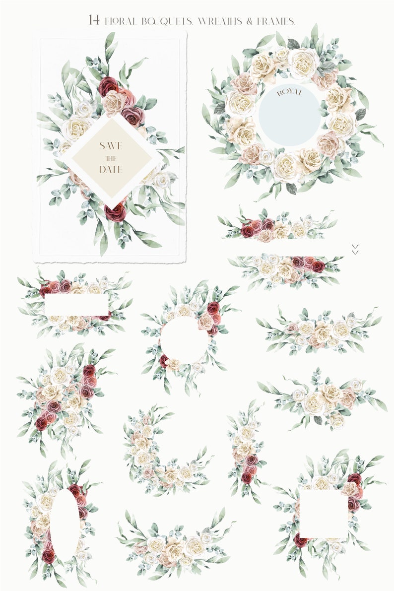 May include: A set of 14 watercolor floral bouquets, wreaths, and frames featuring white, blush, and burgundy roses with eucalyptus leaves. The text "Save the Date" is included in one of the frames.