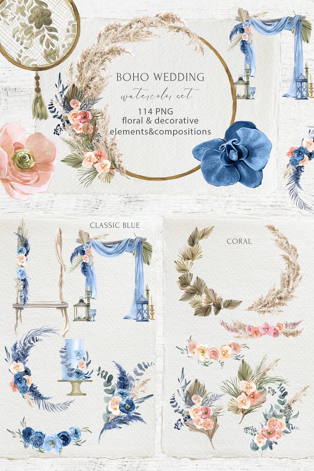 Boho Wedding Watercolor Set Clipart Tropical Ceremony Decor, Wood Frame ...
