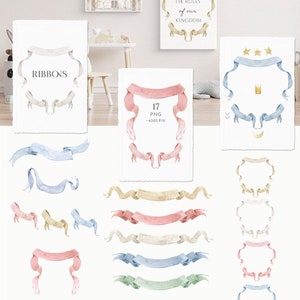 Aquarel lint banner clipart set. Crest Creator voor bruiloft, ontwerp babyshoweruitnodiging, kunst aan de muur. Roze, blauw, geel, wit