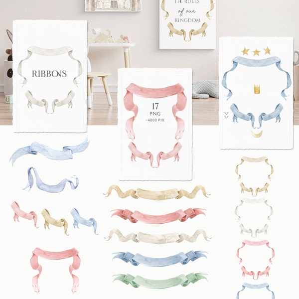 Watercolor Ribbon Banner Clipart Set. Crest creator for Wedding, Baby shower invitation design, wall art decor. Pink, Blue, Yellow, White