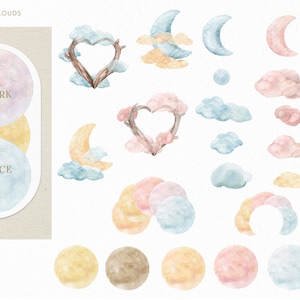 Pastel Moon, cloud Watercolor clipart set. Light blue, pink, yellow sky illustrations for boy, girl Baby shower Birthday, Wedding invitation