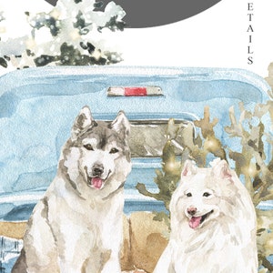 May include: Two dogs, a gray and white husky and a white samoyed, sit in the back of a blue pickup truck. The truck is decorated with a small evergreen tree and lights. The background is a snowy forest scene.