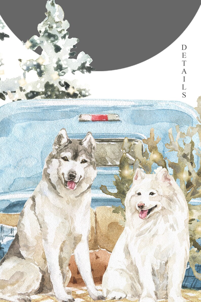 May include: Two dogs, a gray and white husky and a white samoyed, sit in the back of a blue pickup truck. The truck is decorated with a small evergreen tree and lights. The background is a snowy forest scene.