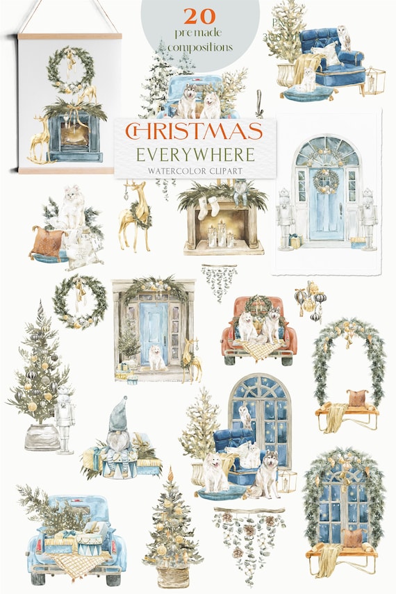 Modern Christmas Home Pets, Festive Decor Watercolor Clipart Set. Winter wreath frames PNG for cards, prints, calendar, wedding invitations
