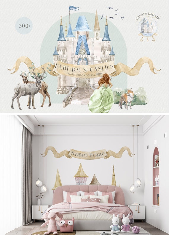 Watercolor Castle & Palace Landscape Creator Bundle. Wedding Crest, White Red rose flowers, deer, fox. Floral frame, wreath, pattern 310 PNG