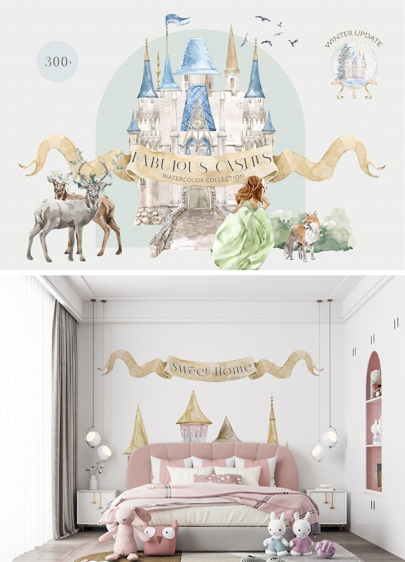 May include: A watercolor illustration of a fairytale castle with a banner that reads "Fabulous Castles Watercolor Collection". The castle is surrounded by a green forest with a deer, a fox, and a woman in a green dress. The illustration is perfect for a nursery or children's room.