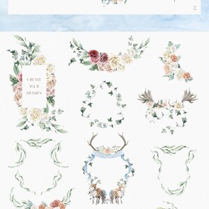 May include: A set of 14 watercolor illustrations featuring floral wreaths, garlands, and frames with antlers, ivy, and ribbons. The illustrations are perfect for creating wedding invitations, save the dates, or other stationery.