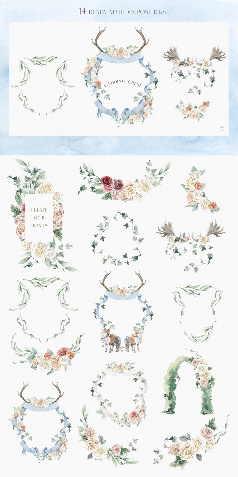 May include: A set of 14 watercolor illustrations featuring floral wreaths, garlands, and frames with antlers, ivy, and ribbons. The illustrations are perfect for creating wedding invitations, save the dates, or other stationery.