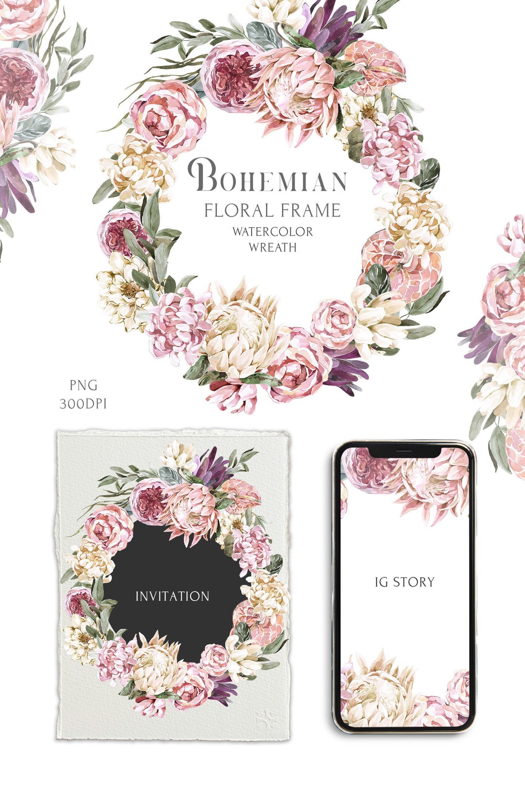 Boho Wedding Wreath Clipart Watercolor Bohemiancircle Floral Frame ...