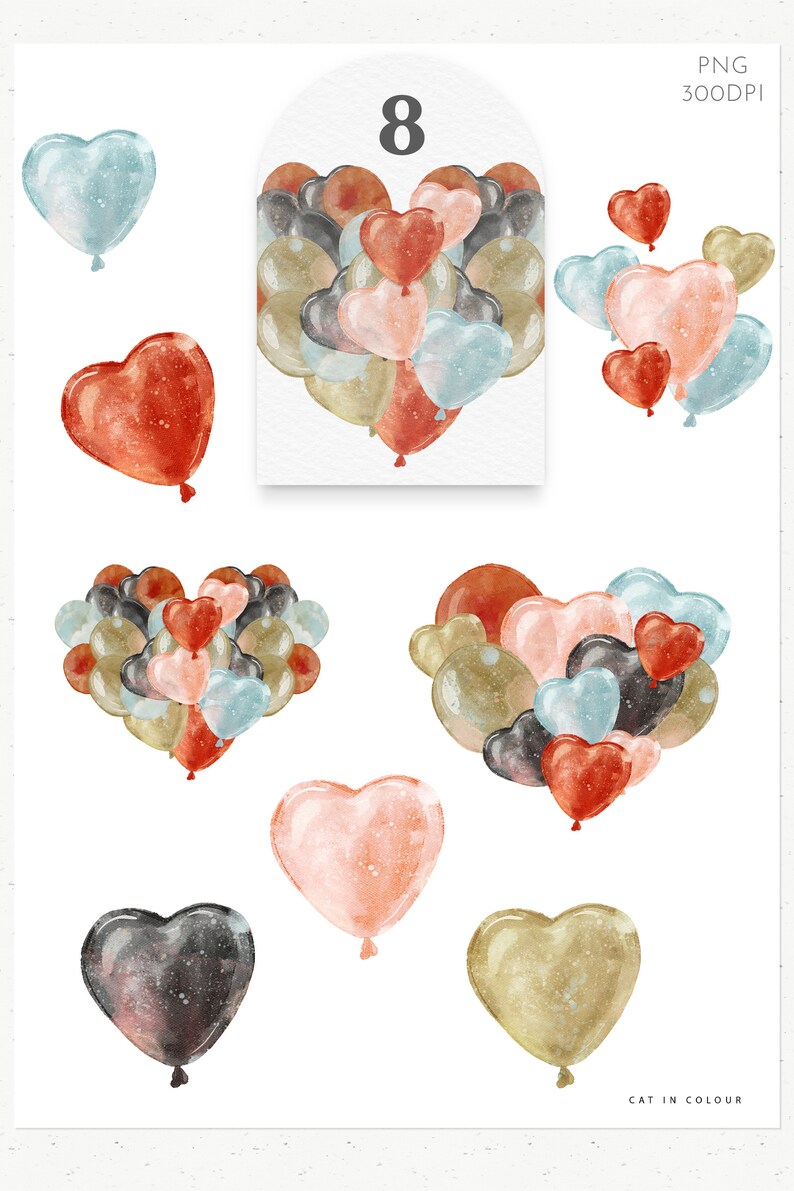 Love Heart Shape Balloons Watercolor Clipart Set. Black, Gold, Blue ...