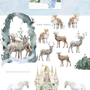 May include: A watercolor illustration set featuring a fairytale castle, forest animals, and characters. The set includes a unicorn, a deer, a fox, and three girls in dresses. The castle is surrounded by greenery and has a golden roof. The text "Create your own fairy tale" is written at the bottom of the image.