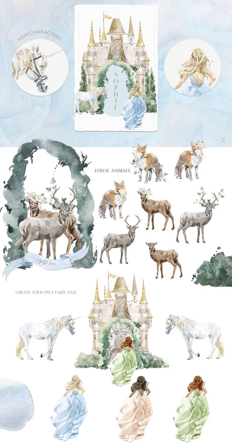 May include: A watercolor illustration set featuring a fairytale castle, forest animals, and characters. The set includes a unicorn, a deer, a fox, and three girls in dresses. The castle is surrounded by greenery and has a golden roof. The text "Create your own fairy tale" is written at the bottom of the image.