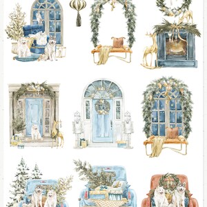 May include: 20 watercolor illustrations of winter scenes featuring doors, windows, fireplaces, wreaths, and trucks.  The illustrations are in a blue and gold color scheme and feature dogs and reindeer.  The text "20 COMPOSITIONS" and "PNG 300DPI" is at the top of the image.  The text "CAT IN COLOUR" is at the bottom of the image.