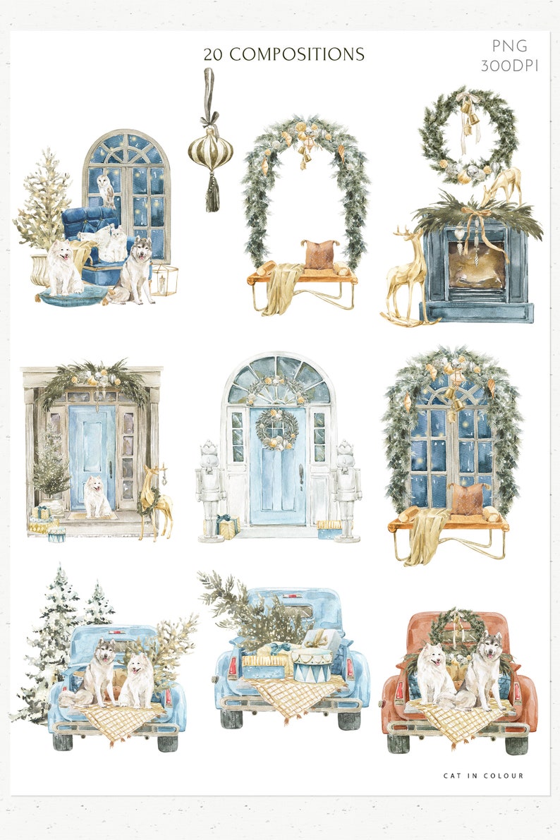 May include: 20 watercolor illustrations of winter scenes featuring doors, windows, fireplaces, wreaths, and trucks.  The illustrations are in a blue and gold color scheme and feature dogs and reindeer.  The text "20 COMPOSITIONS" and "PNG 300DPI" is at the top of the image.  The text "CAT IN COLOUR" is at the bottom of the image.