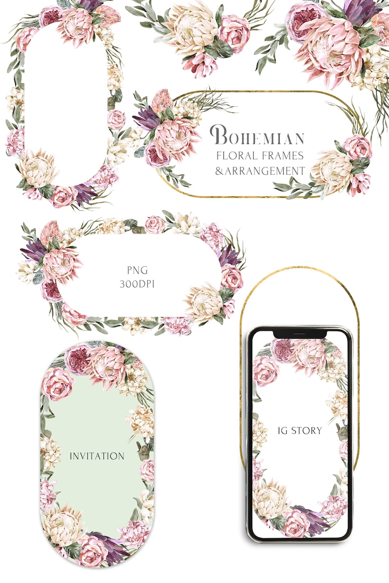 Burgundy Boho Wedding Wreath clipart Watercolor Bohemian ellipse Floral Frame Protea White Pink flowers Rose Eucalyptus leaves PNG