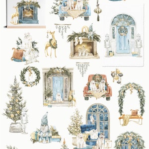May include: A collection of watercolor illustrations featuring winter scenes with a blue and white color scheme. The illustrations include a fireplace, a door, a truck, a Christmas tree, a wreath, a window, and a gnome. The illustrations are perfect for creating holiday cards, invitations, or scrapbook pages.