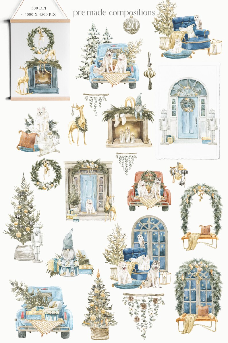 May include: A collection of watercolor illustrations featuring winter scenes with a blue and white color scheme. The illustrations include a fireplace, a door, a truck, a Christmas tree, a wreath, a window, and a gnome. The illustrations are perfect for creating holiday cards, invitations, or scrapbook pages.