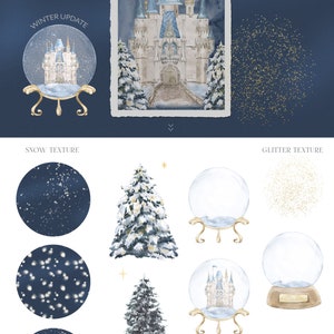 May include: A digital illustration set featuring a winter wonderland theme. The set includes a snow globe with a castle inside, a snowy castle, two snowy trees, snow textures, glitter textures, and clouds. The illustration is in a watercolor style with a blue and white color scheme.