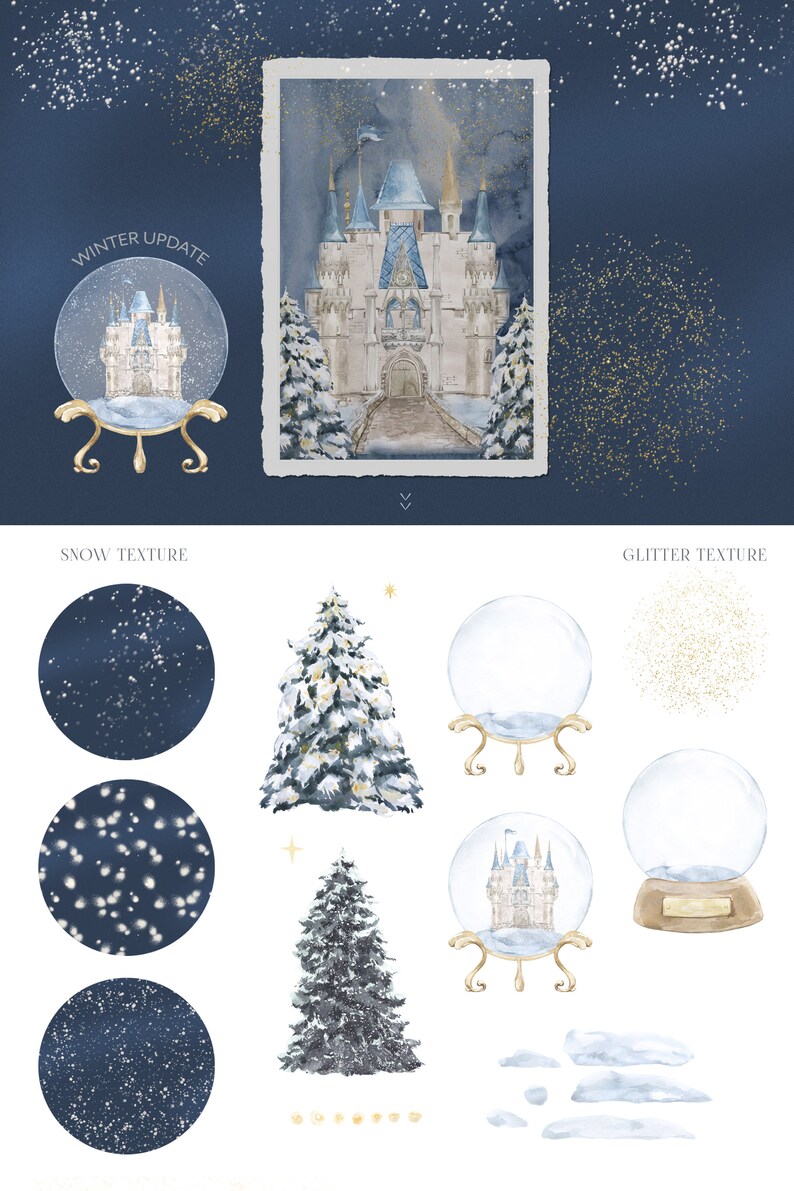 May include: A digital illustration set featuring a winter wonderland theme. The set includes a snow globe with a castle inside, a snowy castle, two snowy trees, snow textures, glitter textures, and clouds. The illustration is in a watercolor style with a blue and white color scheme.