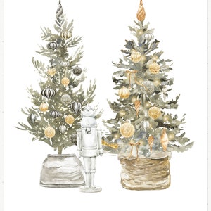 May include: Two watercolor Christmas trees decorated with gold and silver ornaments, one in a gray pot and the other in a burlap sack. A white nutcracker stands next to the tree in the gray pot.