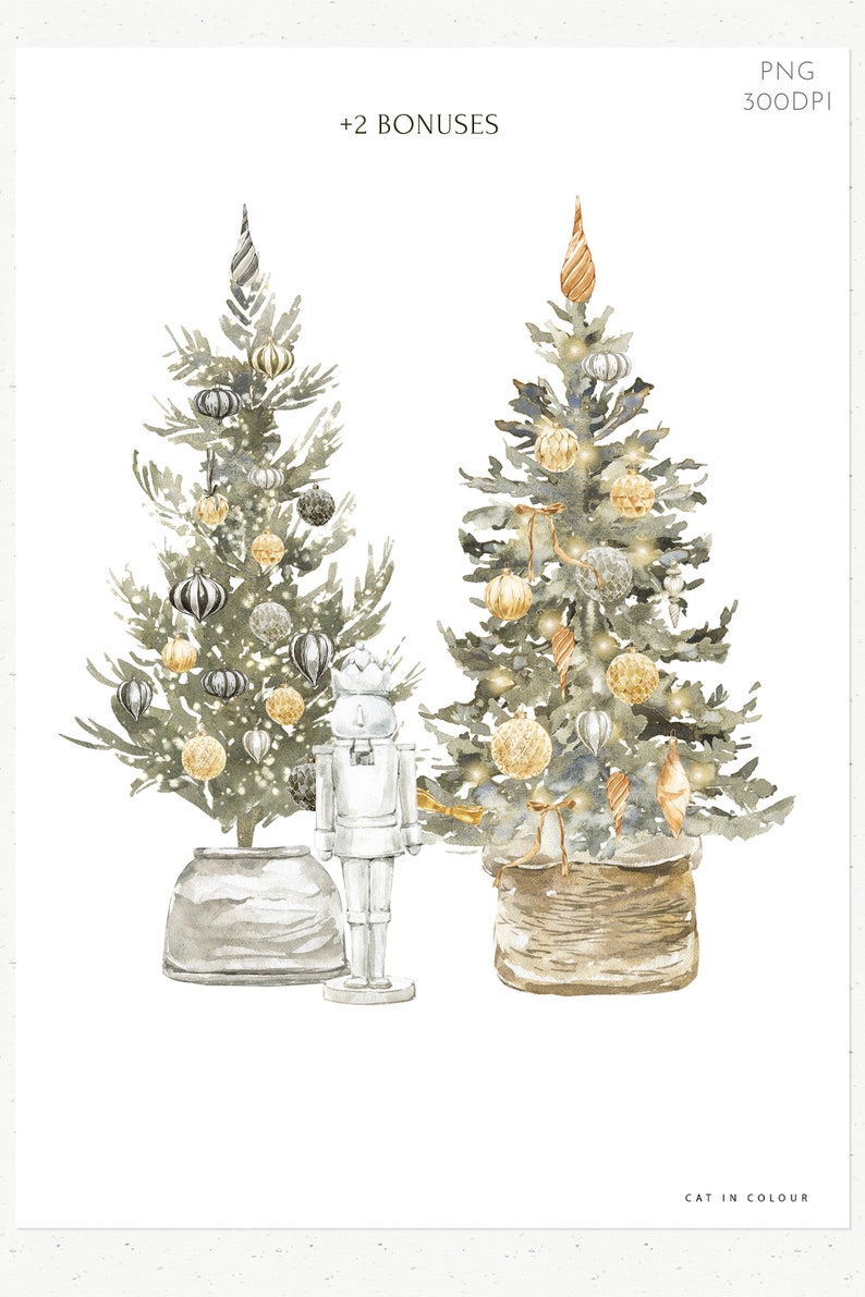May include: Two watercolor Christmas trees decorated with gold and silver ornaments, one in a gray pot and the other in a burlap sack. A white nutcracker stands next to the tree in the gray pot.