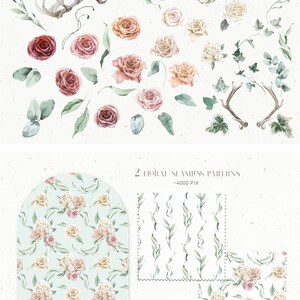 May include: A set of 40 watercolor floral elements and 2 seamless patterns featuring roses, leaves, and antlers. The floral elements are in shades of pink, white, and cream. The patterns are on a light blue and white background.