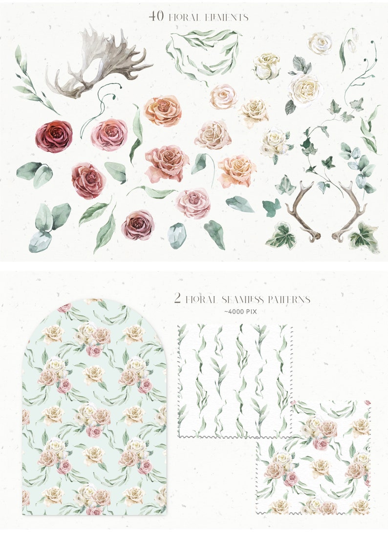 May include: A set of 40 watercolor floral elements and 2 seamless patterns featuring roses, leaves, and antlers. The floral elements are in shades of pink, white, and cream. The patterns are on a light blue and white background.